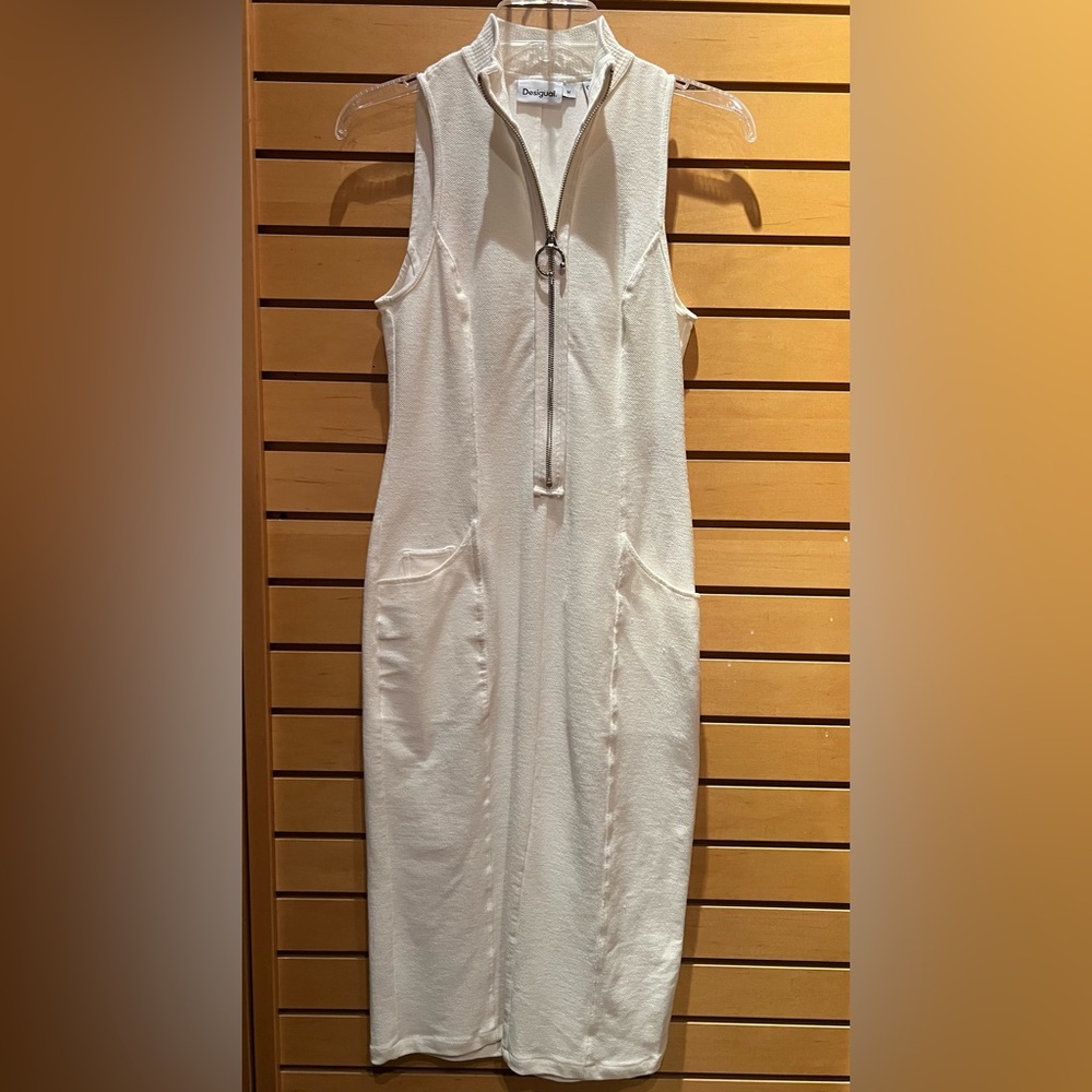 Desidual Ivory Cream Zip Front Pencil Bodycon Midi Dress M runs Small